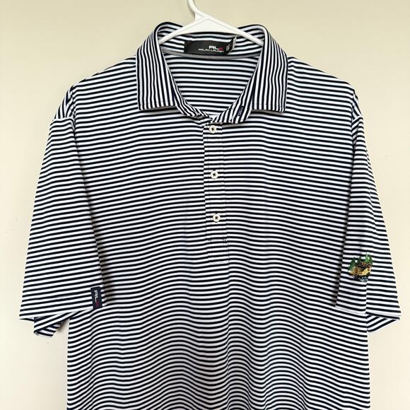 RLX RALPH LAUREN Mens Polo Shirt L Navy Striped Camp Embroidery Golfing Active - Picture 2 of 6